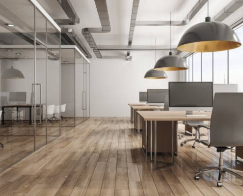 Modern office interior with daylight and city view. 3D Rendering