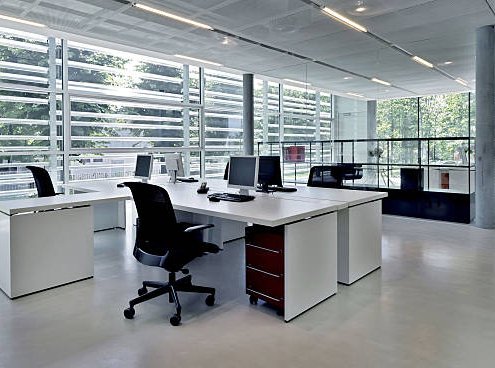 Series of workstations on an office floor